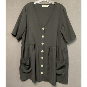 Belongsci Black ButtonFront Babydoll Tunic Drop Waist M Oversized Pockets V-Neck